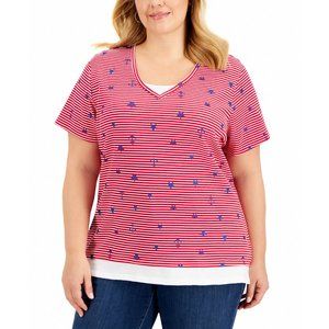 Karen Scott Top Women Plus Red Striped V-Neck Layered Look Knit T-Shirt 2X